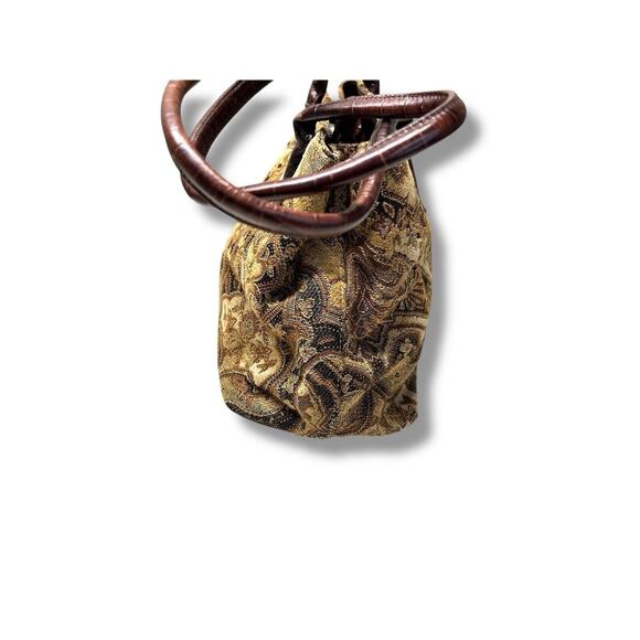 Vintage Fossil Floral Tapestry Carpet Handbag Purse Leather Satchel Boho - Picture 5 of 10